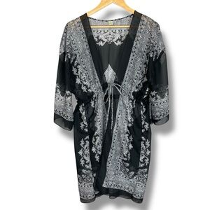 Spicy Bambu Sheer Wrap Bathing Suit Cover-Up Robe‎ Black White Tie Front Viscose